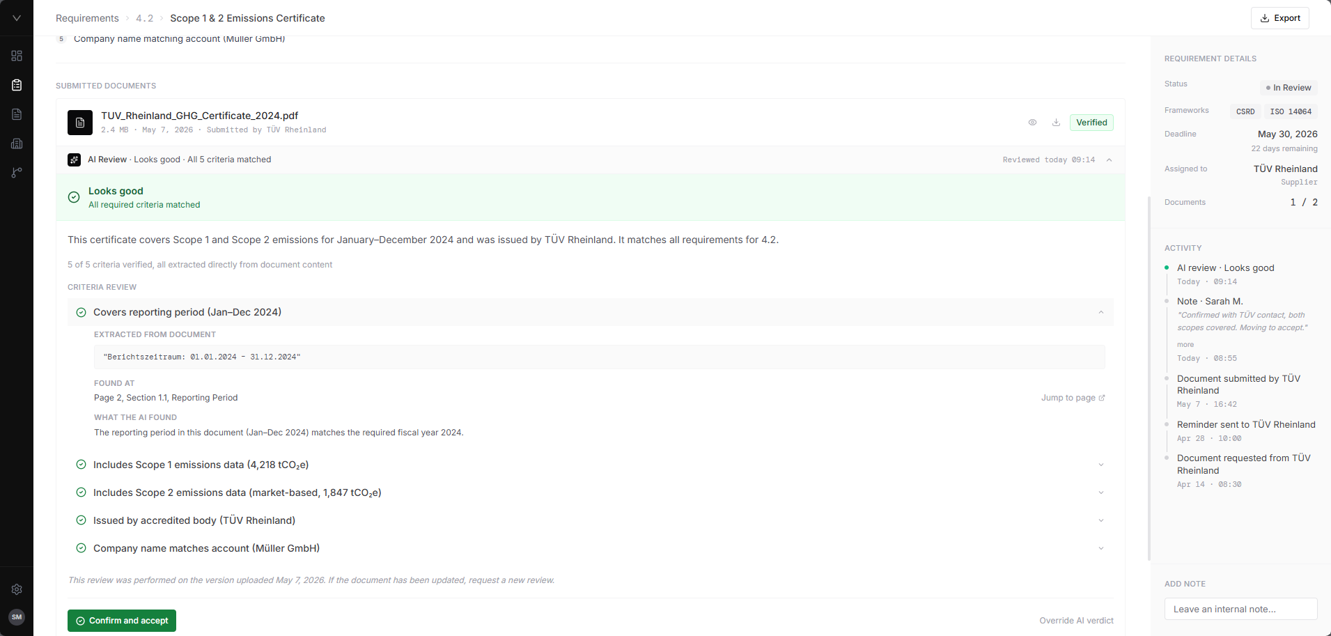 All 5 criteria expanded, each showing extracted text, page reference, and plain-language AI explanation
